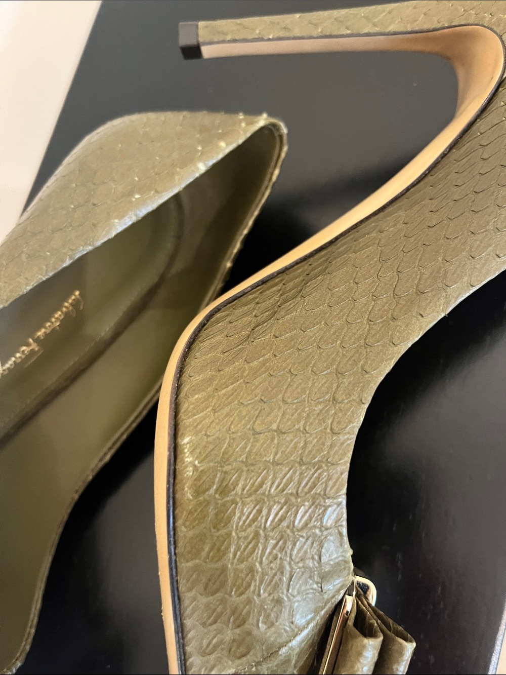 Salvatore Ferragamo Olive Green Pointed Toe Bow Pumps with Gold Accent - Picture 9 of 16